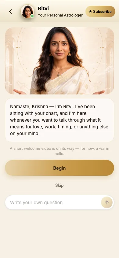 Ask Ritvi chat screen with a streaming answer and its astrological rationale
